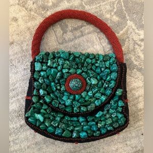 Turquoise stoned beaded hand bag, vintage one of a kind